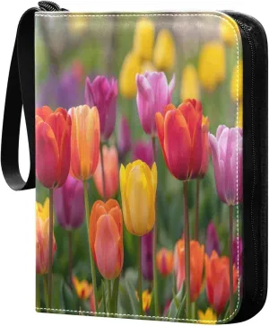 Colorful Tulips Card Binder 4-Pocket, 400 Pockets Card Holder with 50 Removable Sleeves and Zipper for Games Baseball Football Sports Card