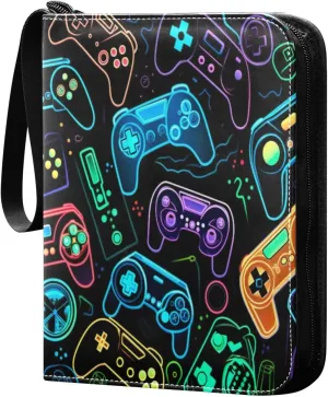 Colorful Video Game Controllers Card Binder with 50 Removable Page Sleeves PU Leather Collectible Trading Card Albums Book with Zipper for Games Card,Baseball Cards