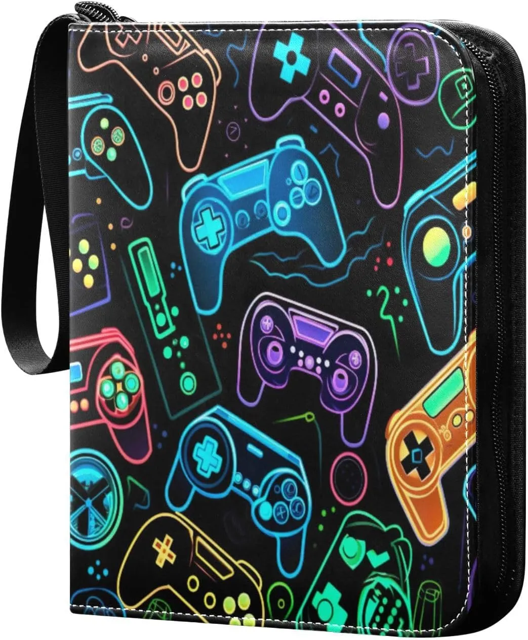 Colorful Video Game Controllers Card Binder with 50 Removable Page Sleeves PU Leather Collectible Trading Card Albums Book with Zipper for Games Card,Baseball Cards