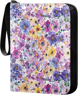 Colorful Watercolor Flowers Card Binder 4-Pocket, 400 Pockets Card Holder with 50 Removable Sleeves and Zipper for Games Baseball Football Sports Card