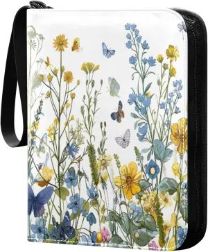 Colorful Wild Flowers (8) Card Binder with 50 Removable Page Sleeves PU Leather Collectible Trading Card Albums Book with Zipper for Games Card,Baseball Cards