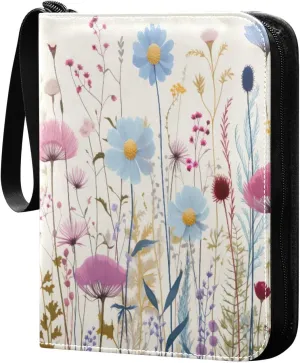 Colorful Wild Flowers Card Binder with 50 Removable Page Sleeves PU Leather Collectible Trading Card Albums Book with Zipper for Games Card,Baseball Cards