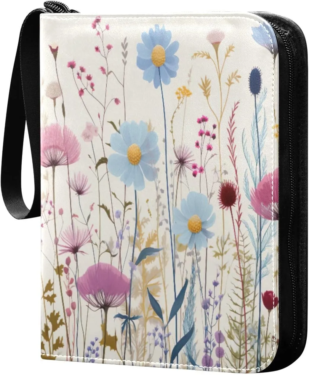 Colorful Wild Flowers Card Binder with 50 Removable Page Sleeves PU Leather Collectible Trading Card Albums Book with Zipper for Games Card,Baseball Cards