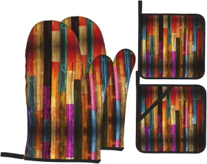 Colorful Wood Print Convenient Oven Mitts Pot Holders Set Duty Heat Resistant Gloves with Quilted Liner