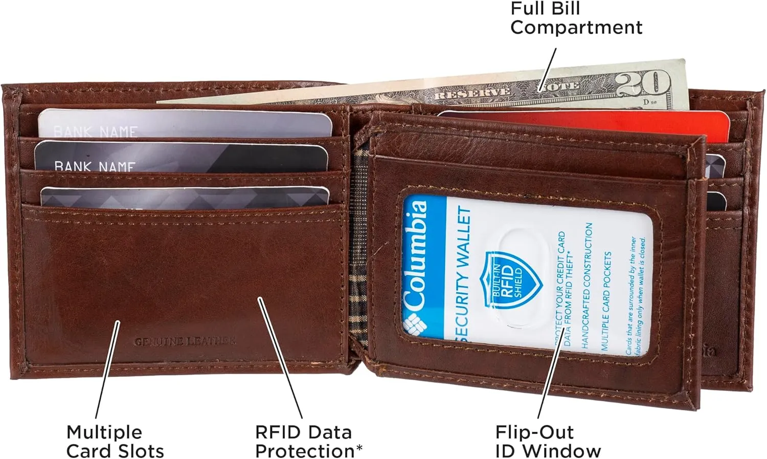 Columbia Men's Everyday Bifold Wallet-Multiple Card Slots, Id Window