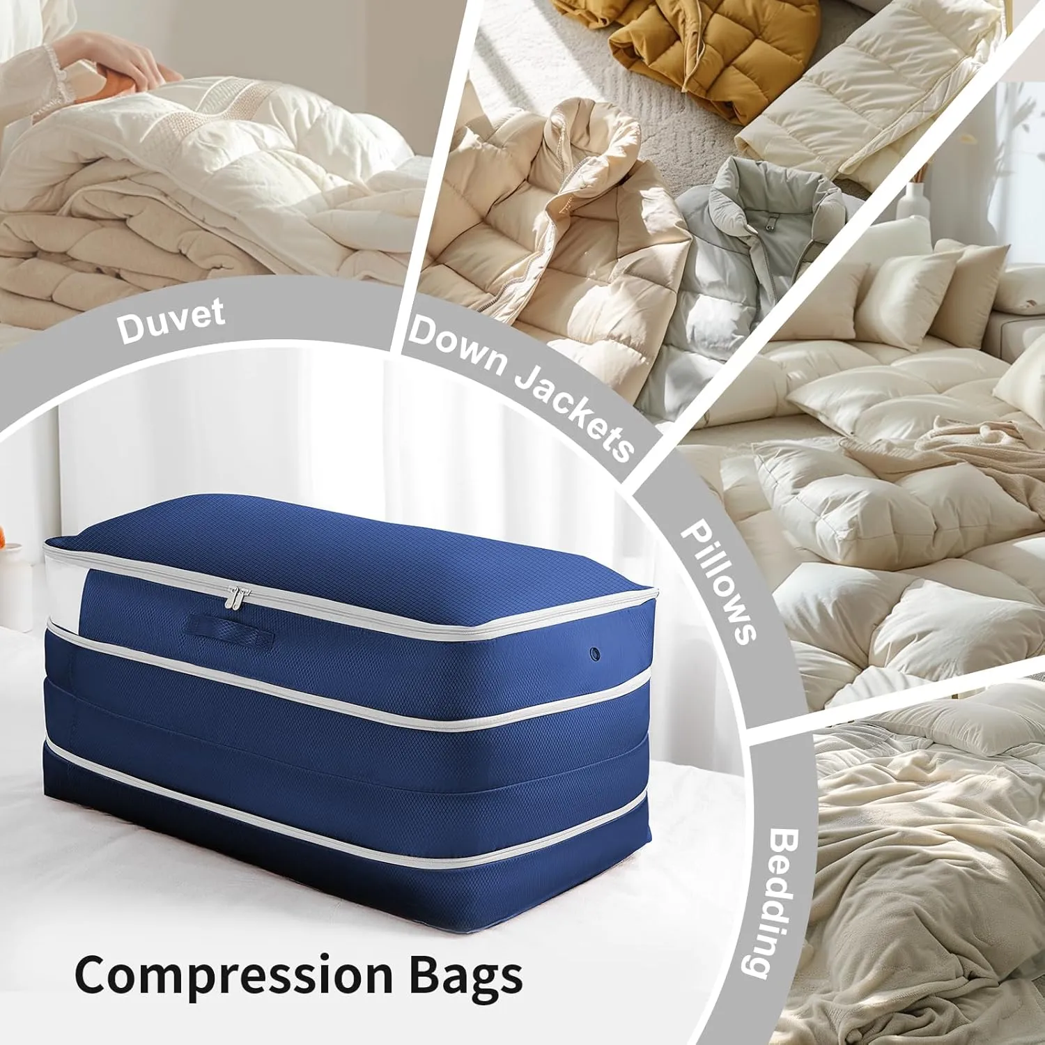 Comforter Storage Bag - Large Capacity Bedding Storage Bags Ultra Space Saving Self Compression Organizer, Washable Compression Bags for Storage Comforter Blanket Duvet, 4-Pack, Navy Blue