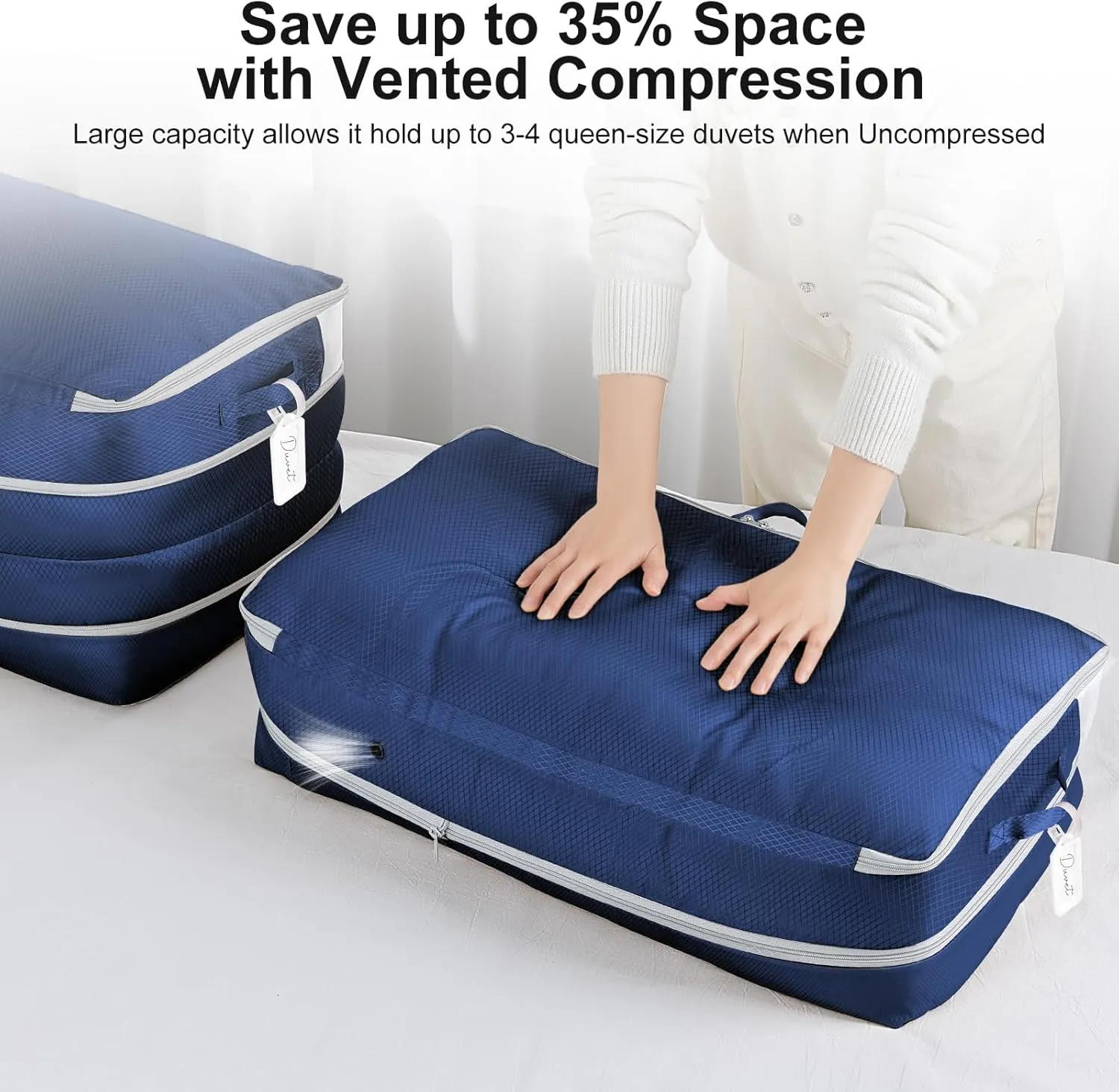 Comforter Storage Bag - Large Capacity Bedding Storage Bags Ultra Space Saving Self Compression Organizer, Washable Compression Bags for Storage Comforter Blanket Duvet, 4-Pack, Navy Blue