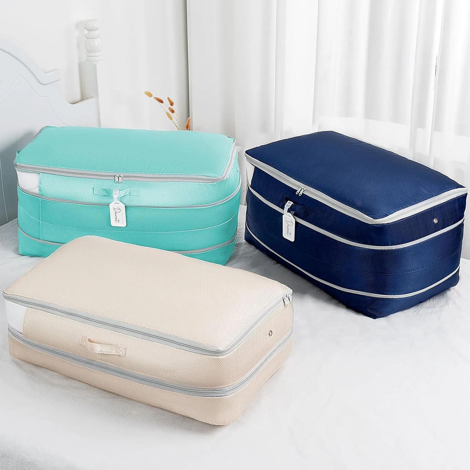 Comforter Storage Bag - Large Capacity Bedding Storage Bags Ultra Space Saving Self Compression Organizer, Washable Compression Bags for Storage Comforter Blanket Duvet, 4-Pack, Navy Blue