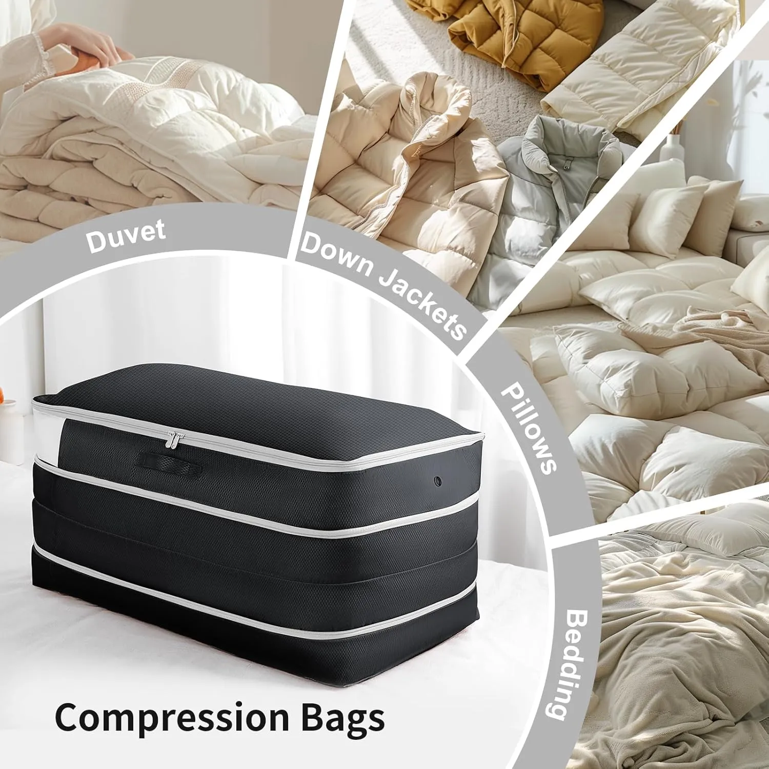 Comforter Storage Bag - Large Capacity Bedding Storage Bags Ultra Space Saving Self Compression Organizer, Washable Compression Bags for Storage Comforter Blanket Duvet Pillow, 2-Pack, Black