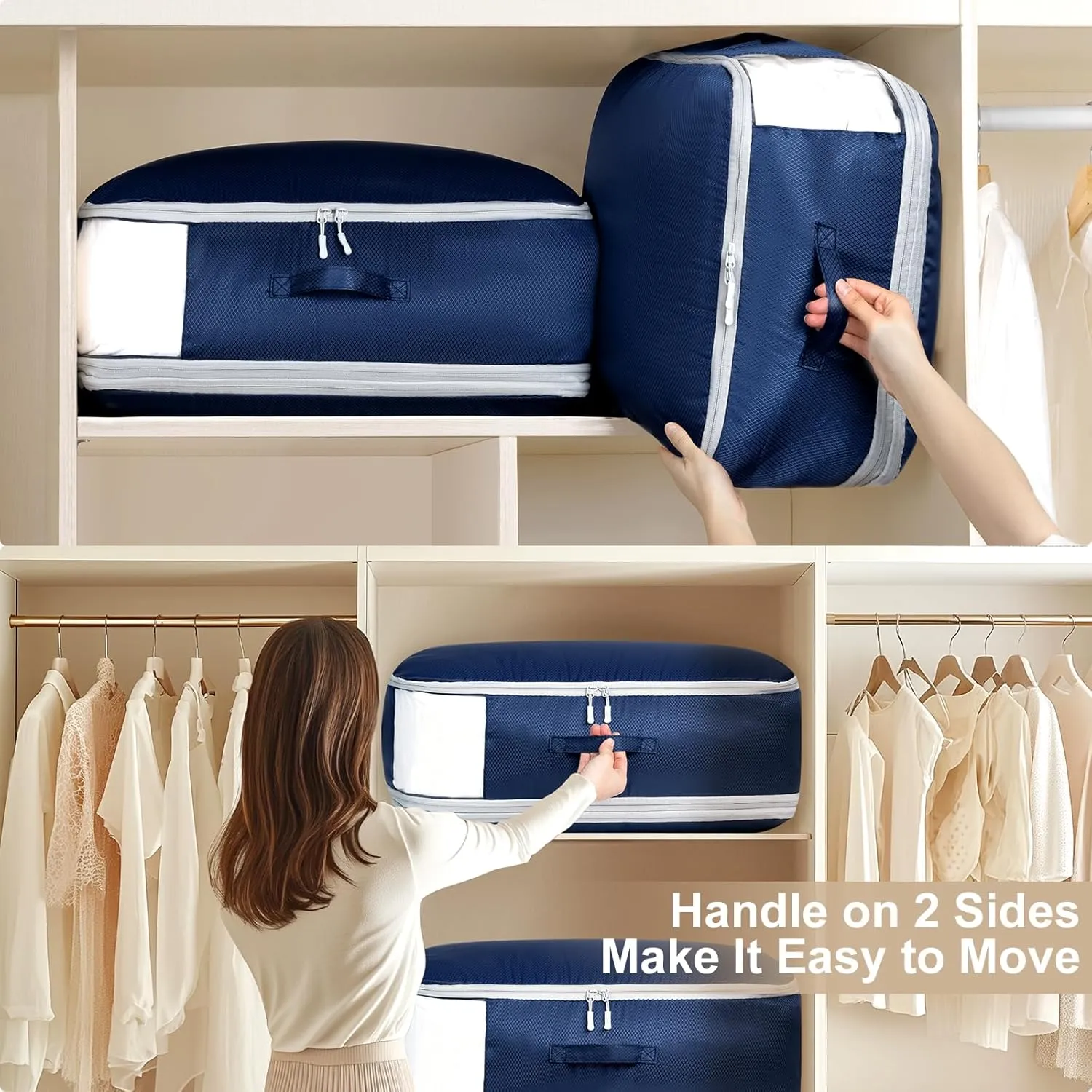 Comforter Storage Bag - Large Capacity Blanket Storage Bags 3-Layer Ultra Space Saving Self Compression Organizer, Washable Compression Bags for Storage Comforter Blanket, 2-Pack, Navy Blue