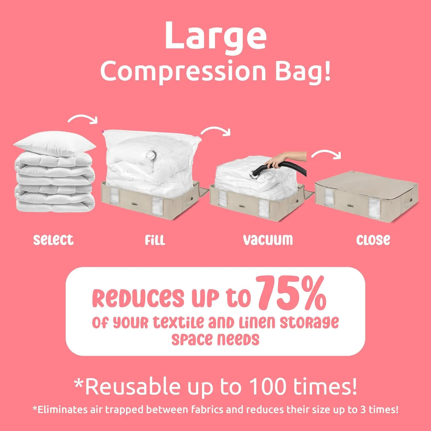 Compactor Vacuum Storage Bags L, Vacuum Seal Bags for Clothing, Comforters & Blankets, Space Saver Vacuum Storage Bags Jumbo   Beige Semi-Rigid Box
