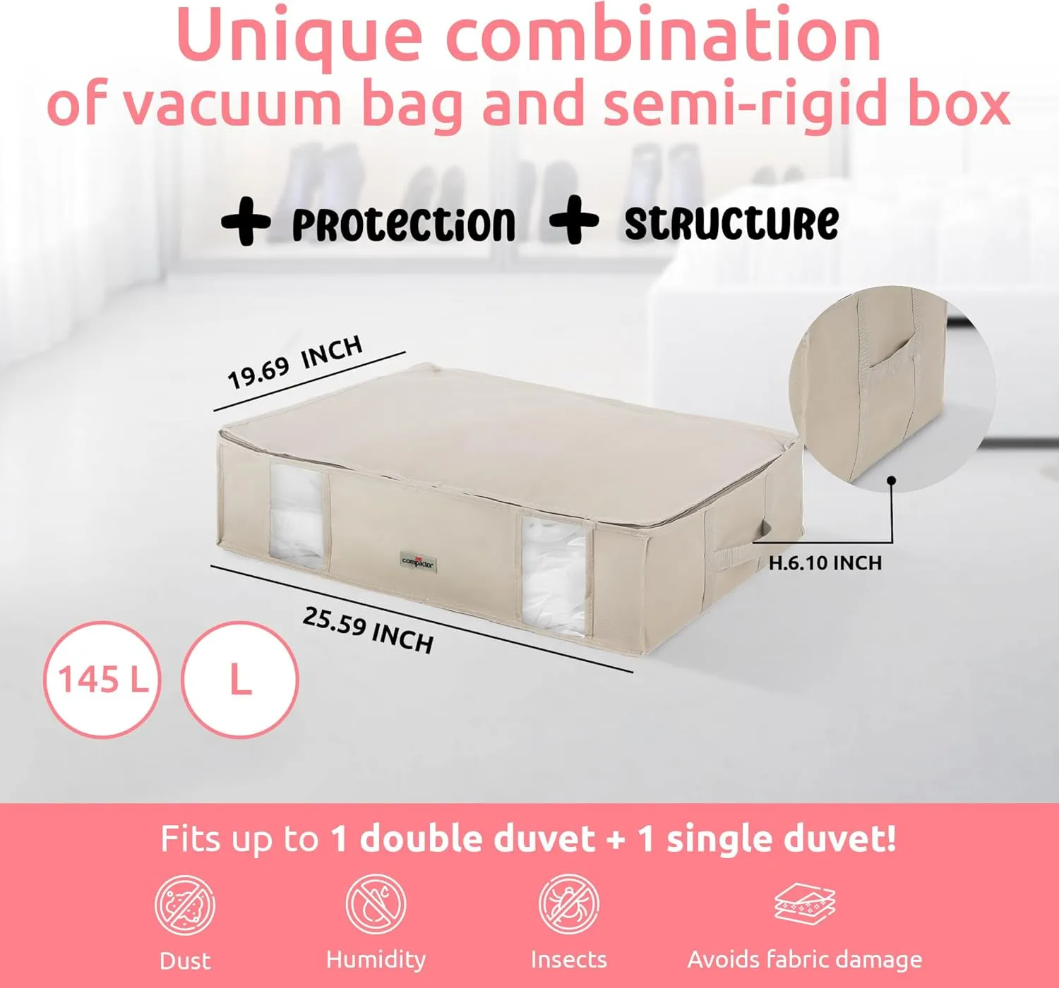 Compactor Vacuum Storage Bags L, Vacuum Seal Bags for Clothing, Comforters & Blankets, Space Saver Vacuum Storage Bags Jumbo   Beige Semi-Rigid Box