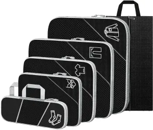 Compression Packing Cubes, 6 Set for Travel Essentials, Ultralight Suitcase Organiser Bags, Expandable Luggage Bags for Carry-on Suitcase (Black)