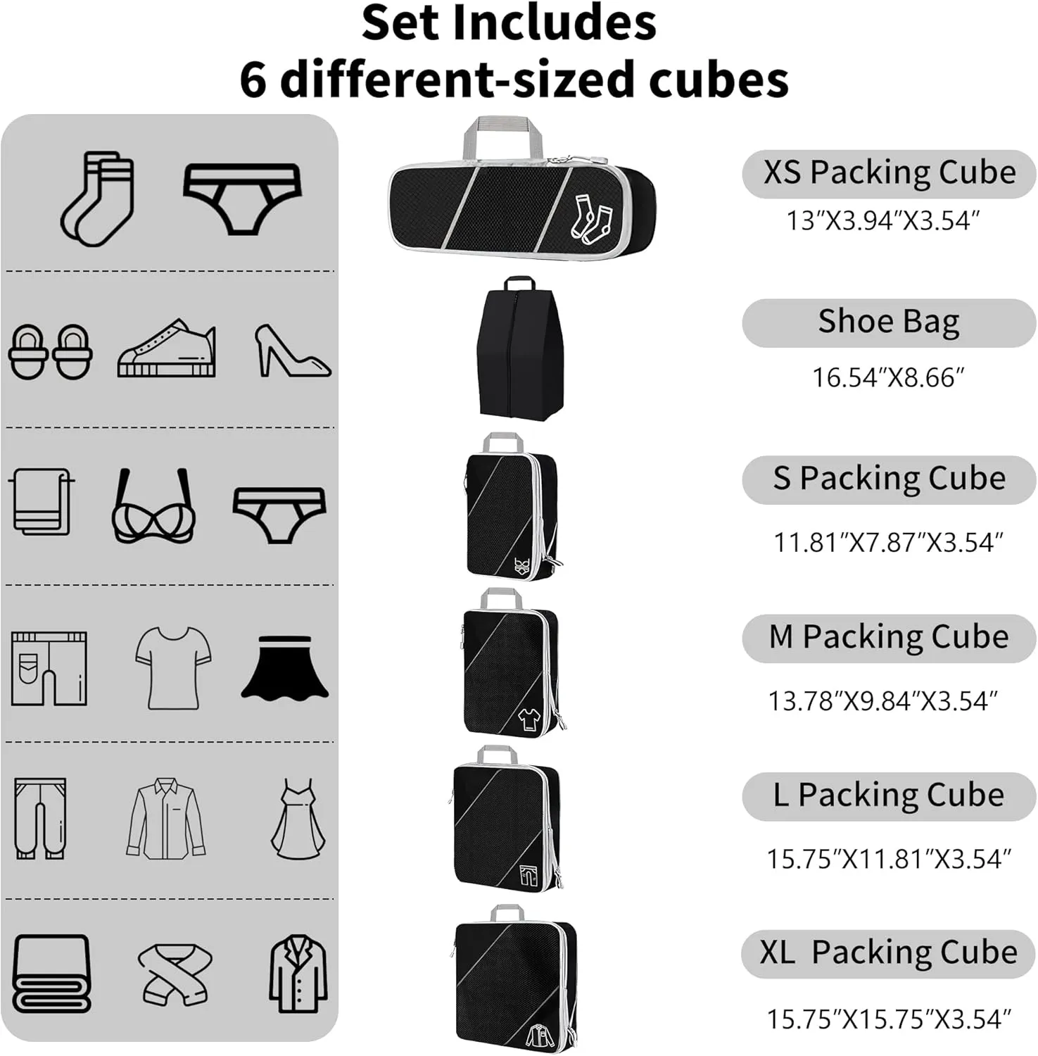 Compression Packing Cubes, 6 Set for Travel Essentials, Ultralight Suitcase Organiser Bags, Expandable Luggage Bags for Carry-on Suitcase (Black)