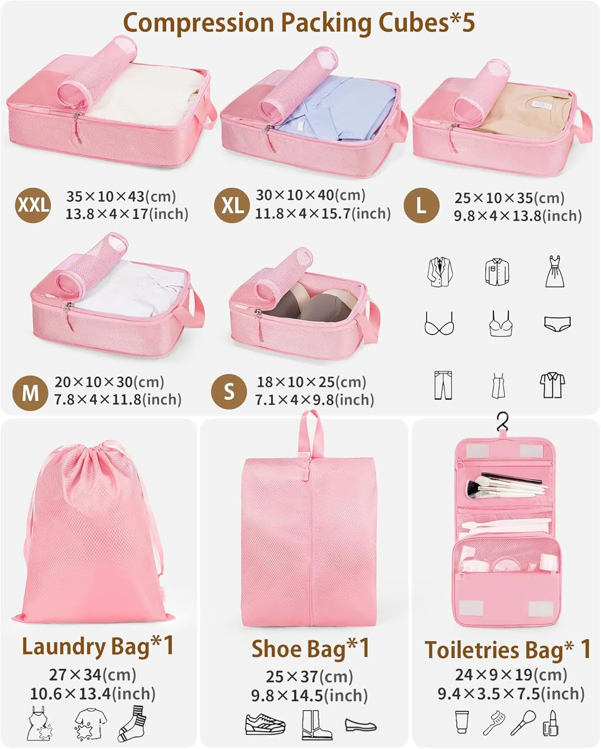 Compression Packing Cubes 8 Set, Suitcase Organizers, Luggage Organizer Bags for Travel, Expandable Packing Cubes for Travel Compression Essentials,Pink