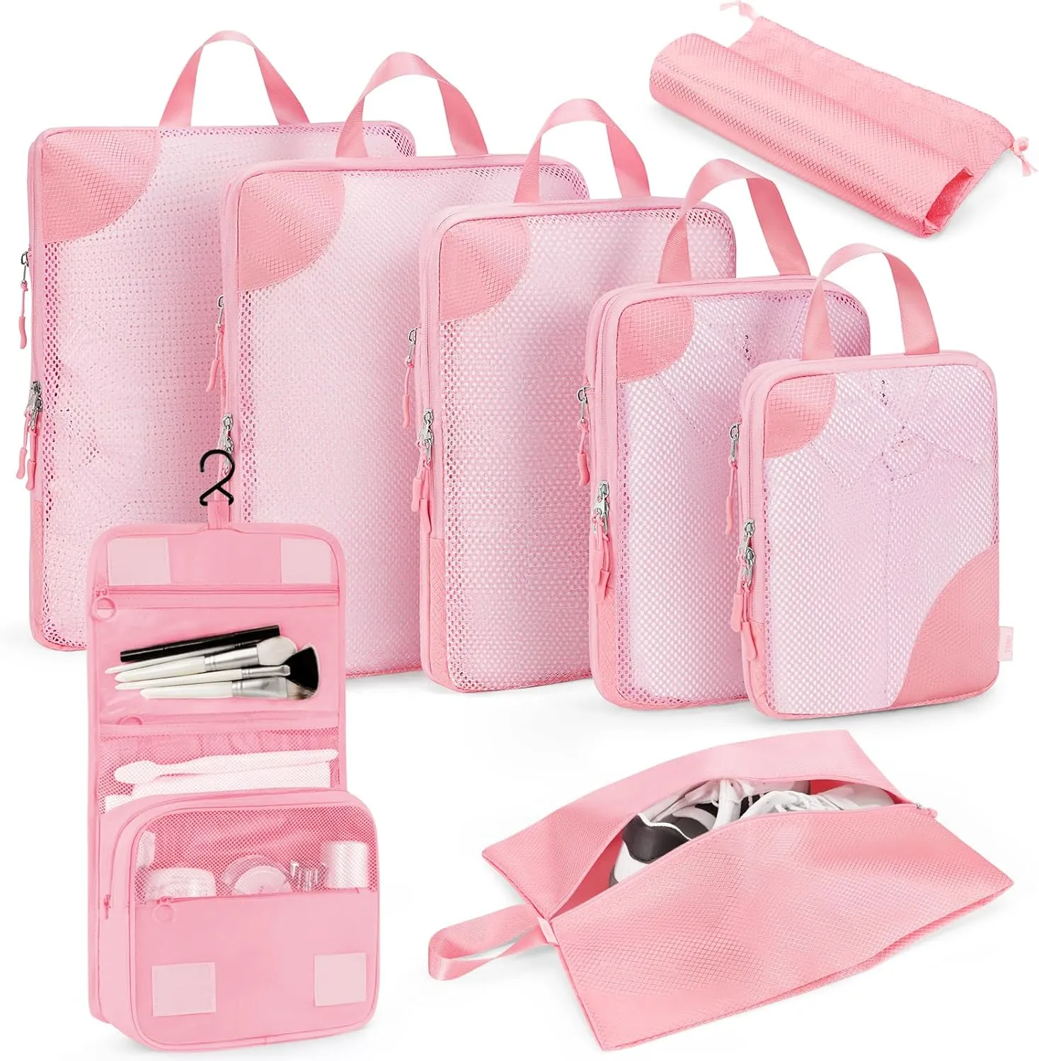 Compression Packing Cubes 8 Set, Suitcase Organizers, Luggage Organizer Bags for Travel, Expandable Packing Cubes for Travel Compression Essentials,Pink