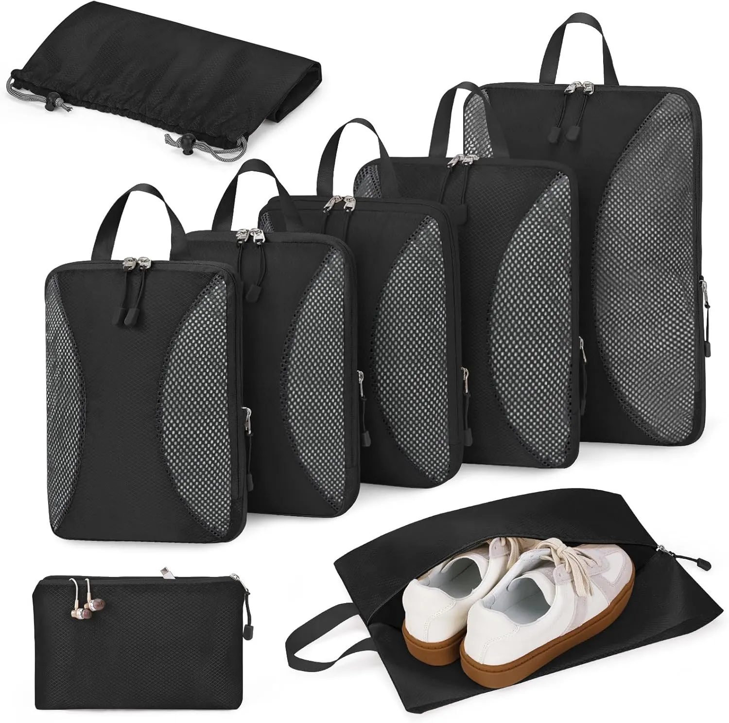 Compression Packing Cubes 8 Sets, Packing Organizers, Extensible Suitcase Organiser Bags, Travel Organizer Cubes for Travel Essentials Black