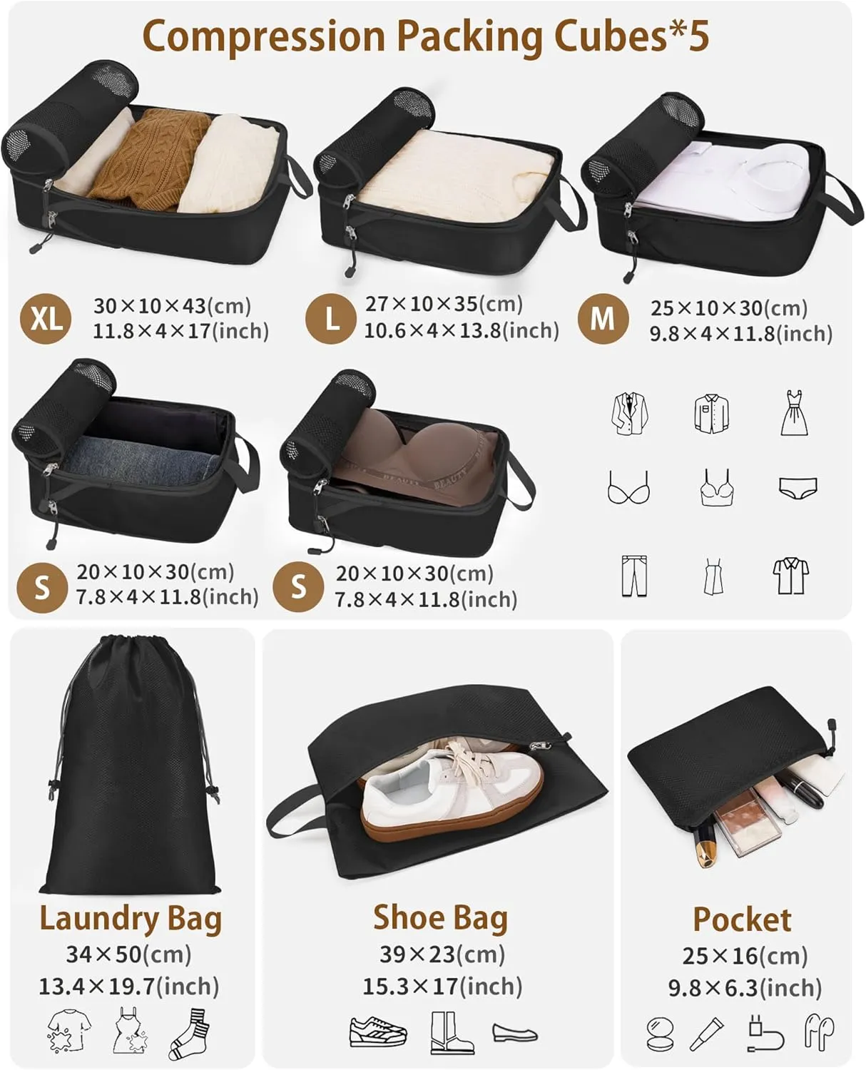Compression Packing Cubes 8 Sets, Packing Organizers, Extensible Suitcase Organiser Bags, Travel Organizer Cubes for Travel Essentials Black