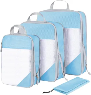 Compression Packing Cubes for Suitcases, 3 Set / 6 Set / 7 Set Compression Packing Cubes Travel Essentials, Compressible Travel Packing Cubes Organizers Carry On Luggage Women, Men, Kids, Sky Blue