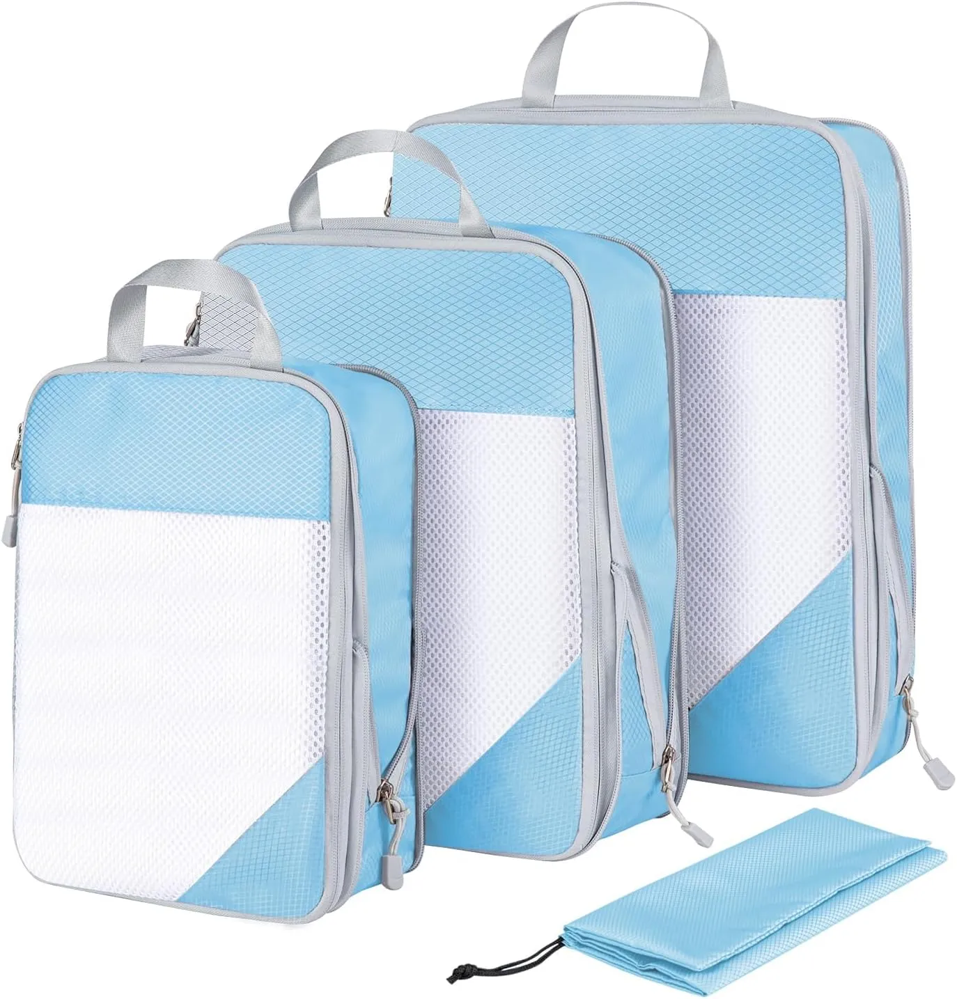 Compression Packing Cubes for Suitcases, 3 Set / 6 Set / 7 Set Compression Packing Cubes Travel Essentials, Compressible Travel Packing Cubes Organizers Carry On Luggage Women, Men, Kids, Sky Blue