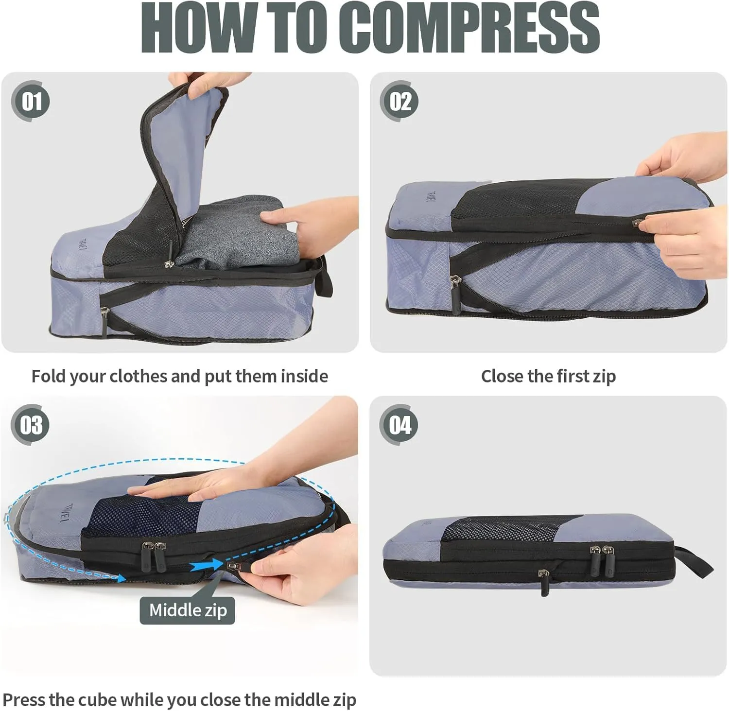 Compression Packing Cubes for Travel, Space Saving Vacation Travel Essentials, Accessories for Suitcase Organizer Bags Set, Durable Luggage Organizer Bags (grey)