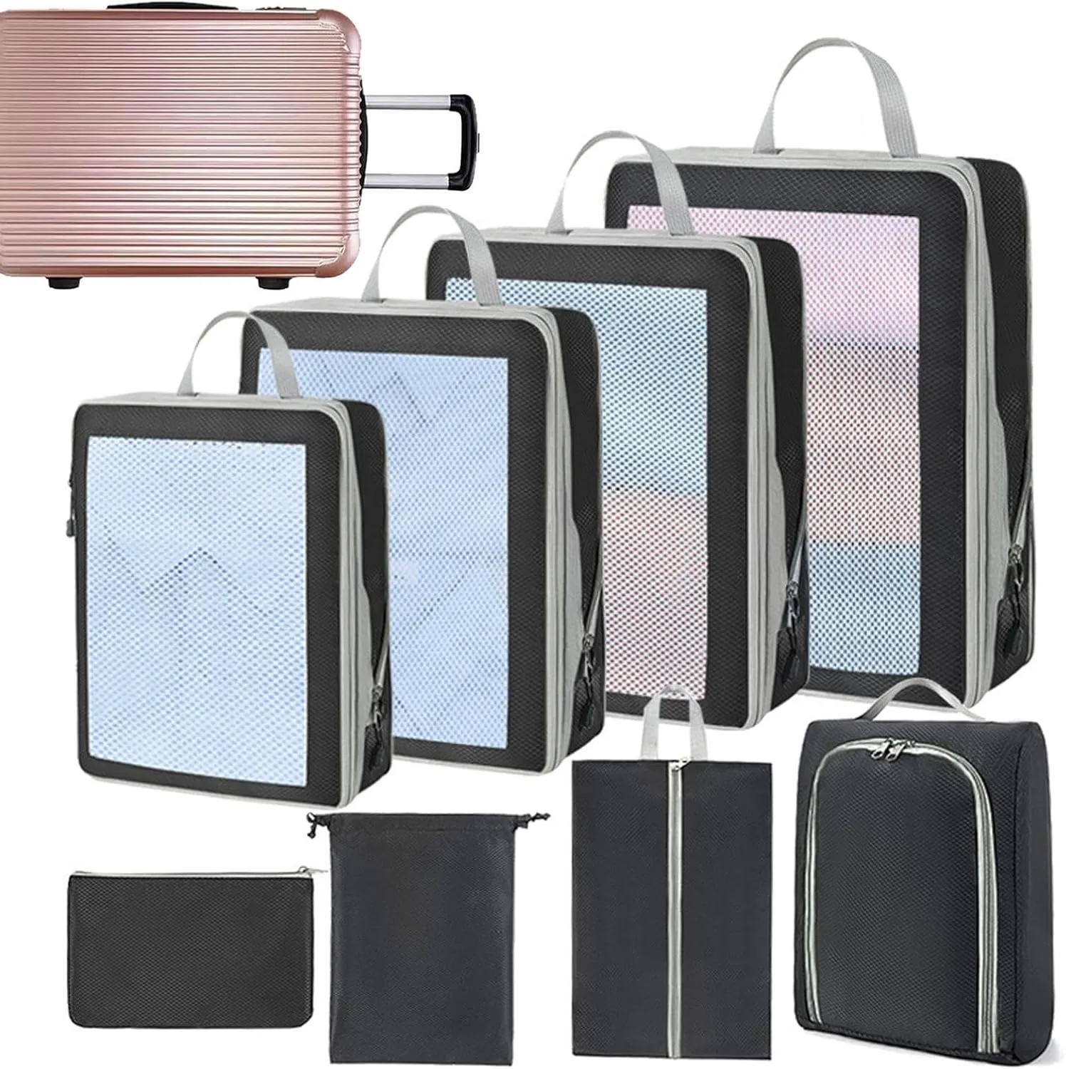 Compression Packing Cubes - Set of 8 Compression Packing Bags | Waterproof Bags for Suitcase | Travel Compression Storage Bags | Moving House Organization Clothing Containers for Attic, Closets