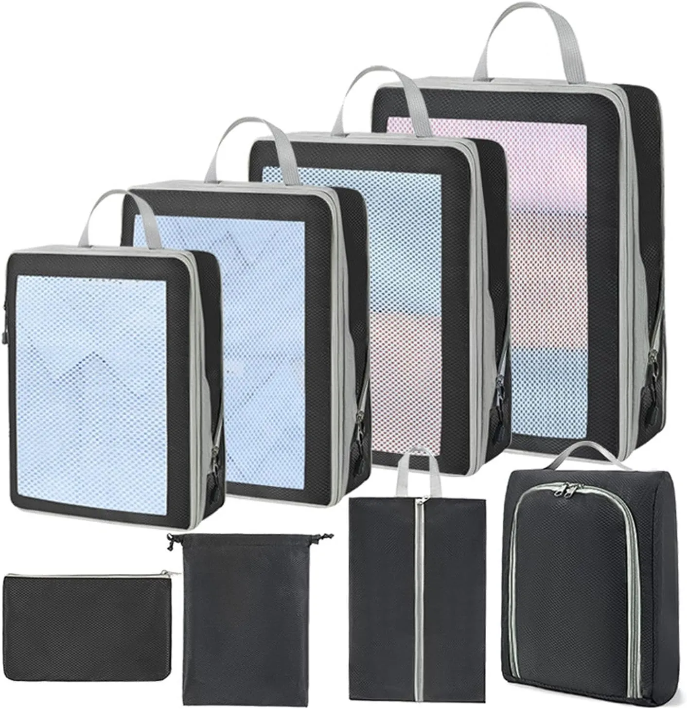 Compression Packing Cubes - Set of 8 Compression Packing Bags | Waterproof Bags for Suitcase | Travel Compression Storage Bags | Moving House Organization Clothing Containers for Attic, Closets