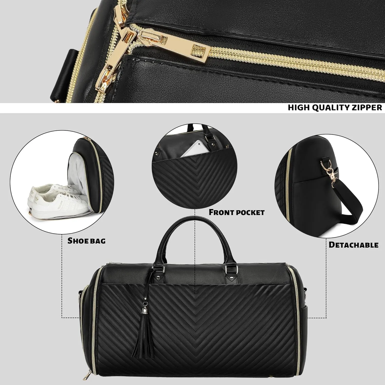 Convertible Carry On Garment Bag - Waterproof PVC Leather with Shoe & Cosmetic Compartments, 47" Wrinkle-Free Hanging System for Business Travel/Weddings, Extended Base Design (Black)