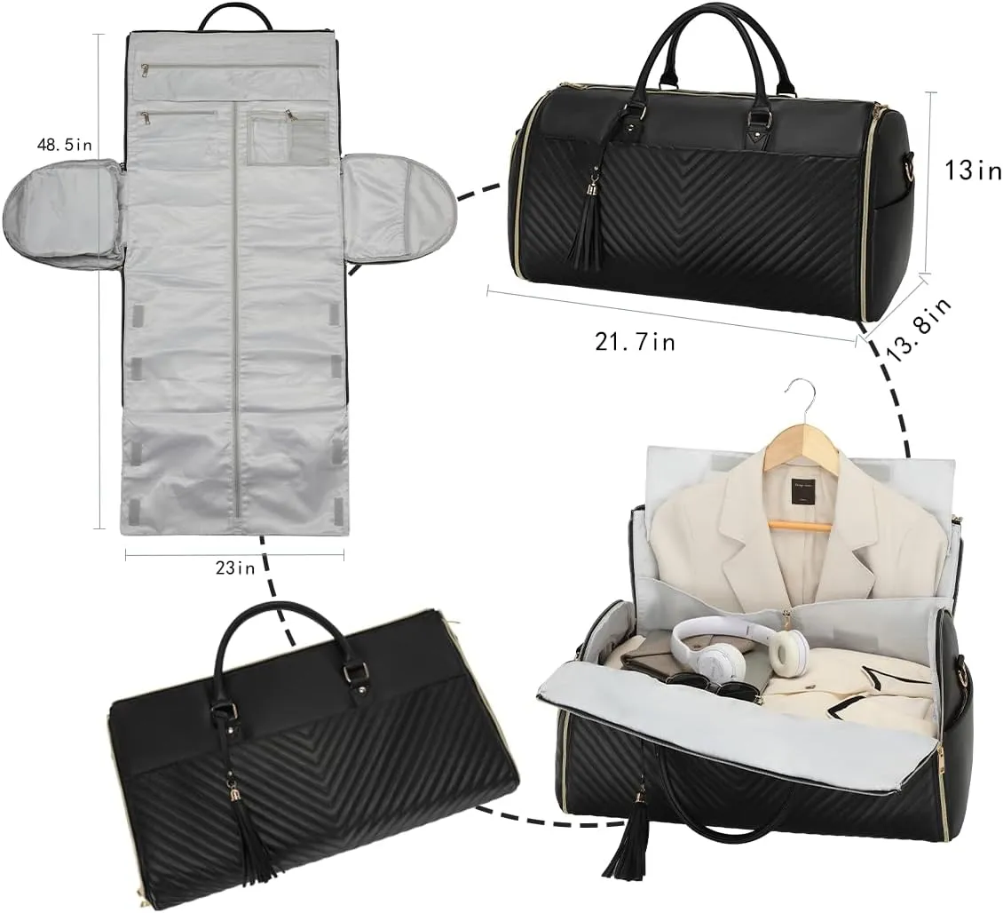 Convertible Carry On Garment Bag - Waterproof PVC Leather with Shoe & Cosmetic Compartments, 47" Wrinkle-Free Hanging System for Business Travel/Weddings, Extended Base Design (Black)