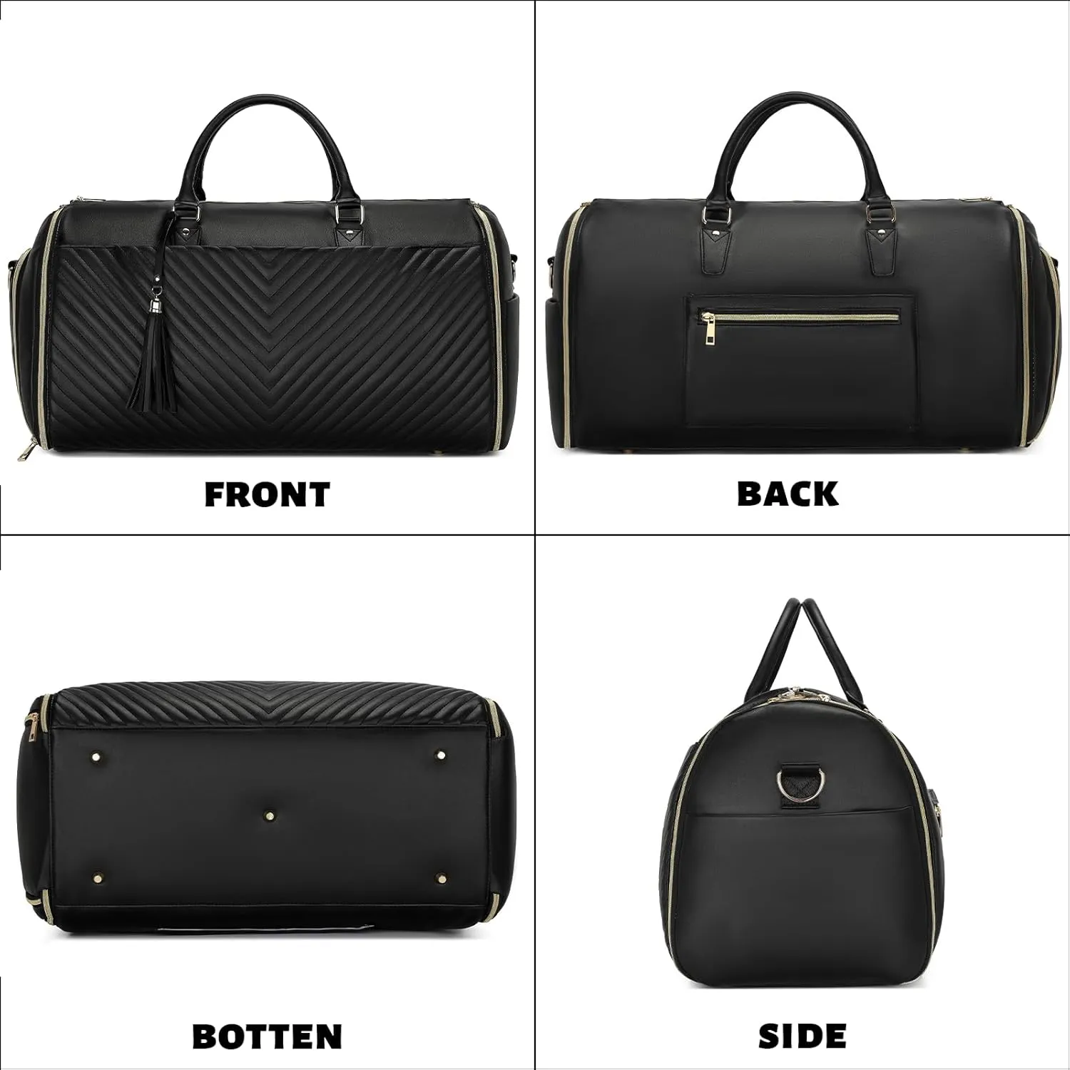 Convertible Carry On Garment Bag - Waterproof PVC Leather with Shoe & Cosmetic Compartments, 47" Wrinkle-Free Hanging System for Business Travel/Weddings, Extended Base Design (Black)