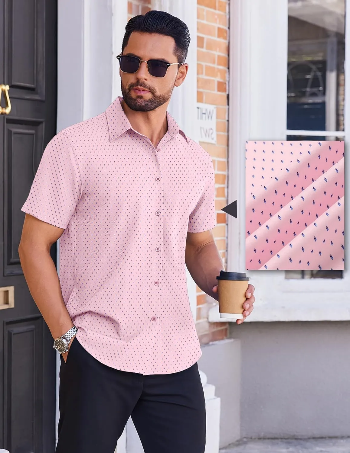 COOFANDY Mens Wrinkle Free Dress Shirt Polka Dot Short Sleeve Button Down Business Casual Shirts
