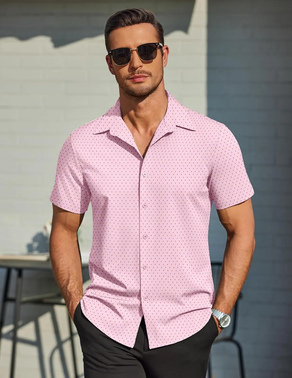 COOFANDY Mens Wrinkle Free Dress Shirt Polka Dot Short Sleeve Button Down Business Casual Shirts