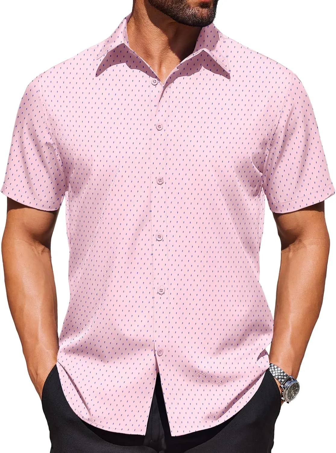 COOFANDY Mens Wrinkle Free Dress Shirt Polka Dot Short Sleeve Button Down Business Casual Shirts