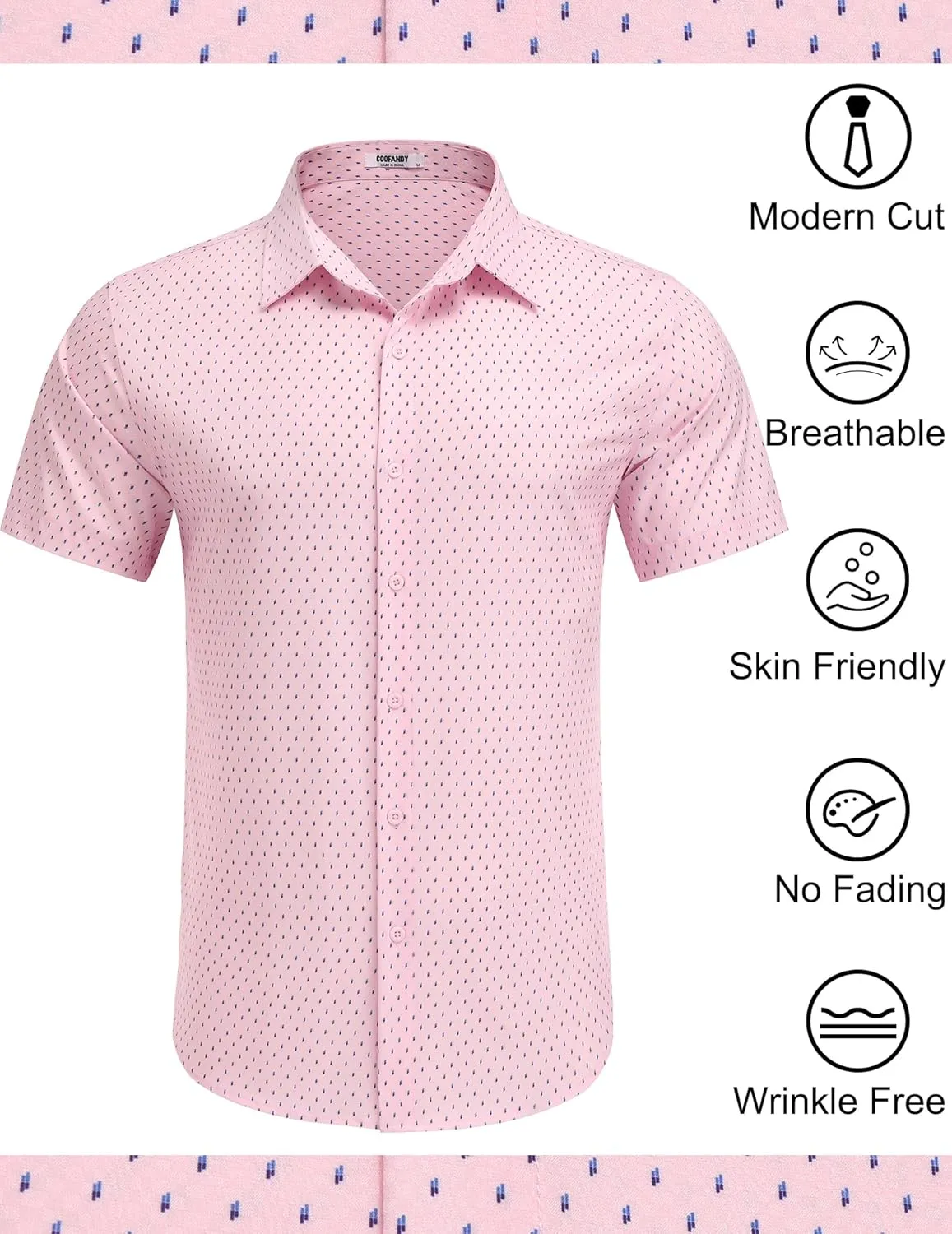COOFANDY Mens Wrinkle Free Dress Shirt Polka Dot Short Sleeve Button Down Business Casual Shirts