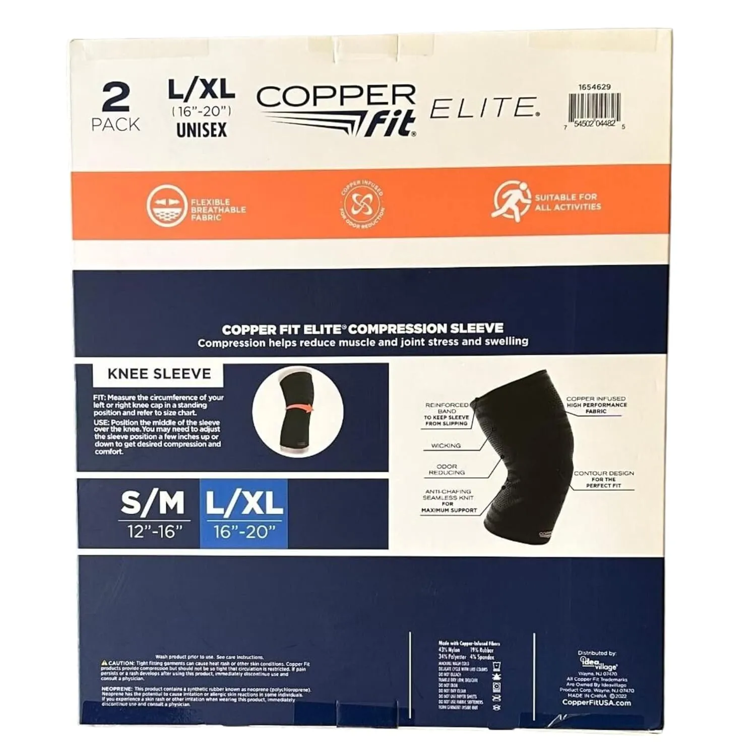 Copper Fit Elite Knee Compression Sleeve Knee Brace 2-Pack, Black (Large/X-Large, 16''-20''),2.0 Count