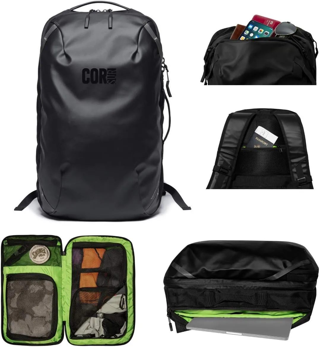 COR Surf Travel Backpack Flight Approved Carry On Laptop Backpack with Secret Passport Pockets | Large Daypack Business Weekender Luggage Backpack for Men Women The Island Hopper (38L Black)