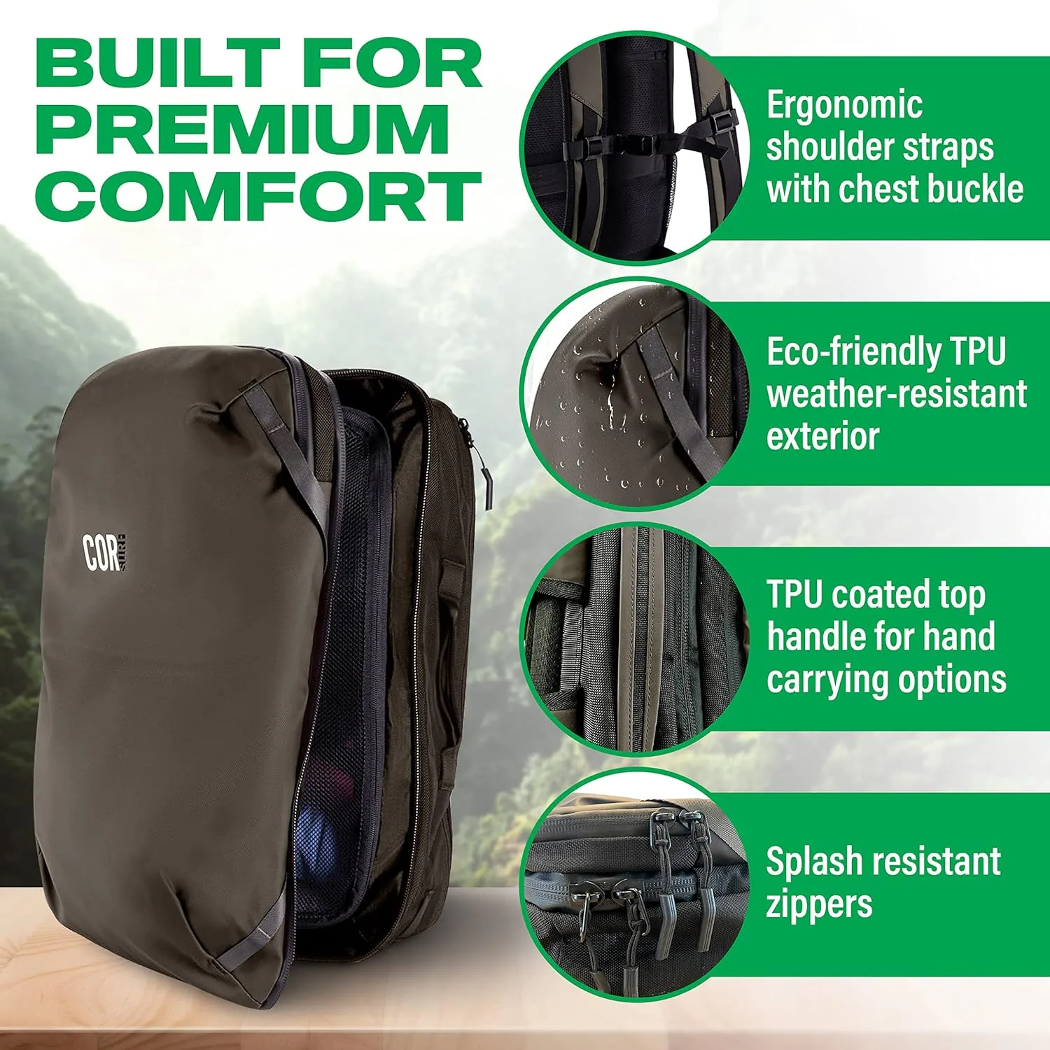 COR Surf Travel Backpack Flight Approved Carry On Laptop Backpack with Secret Passport Pockets | Large Daypack Business Weekender Luggage Backpack for Men Women The Island Hopper (38L Black)