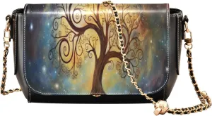 Cosmic Tree on Starry Night Sky Leather Zipper Crossbody Purse, Ladies Leather Crossbody Bags, Crossbody Bags for Women