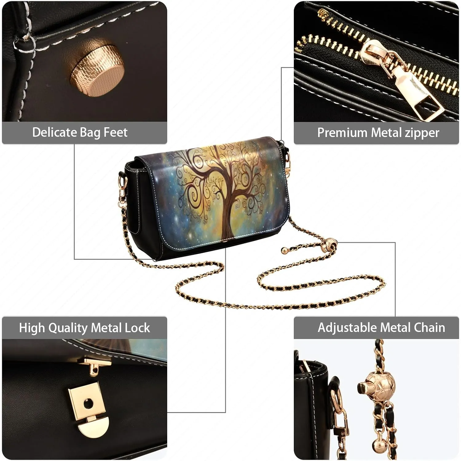 Cosmic Tree on Starry Night Sky Leather Zipper Crossbody Purse, Ladies Leather Crossbody Bags, Crossbody Bags for Women
