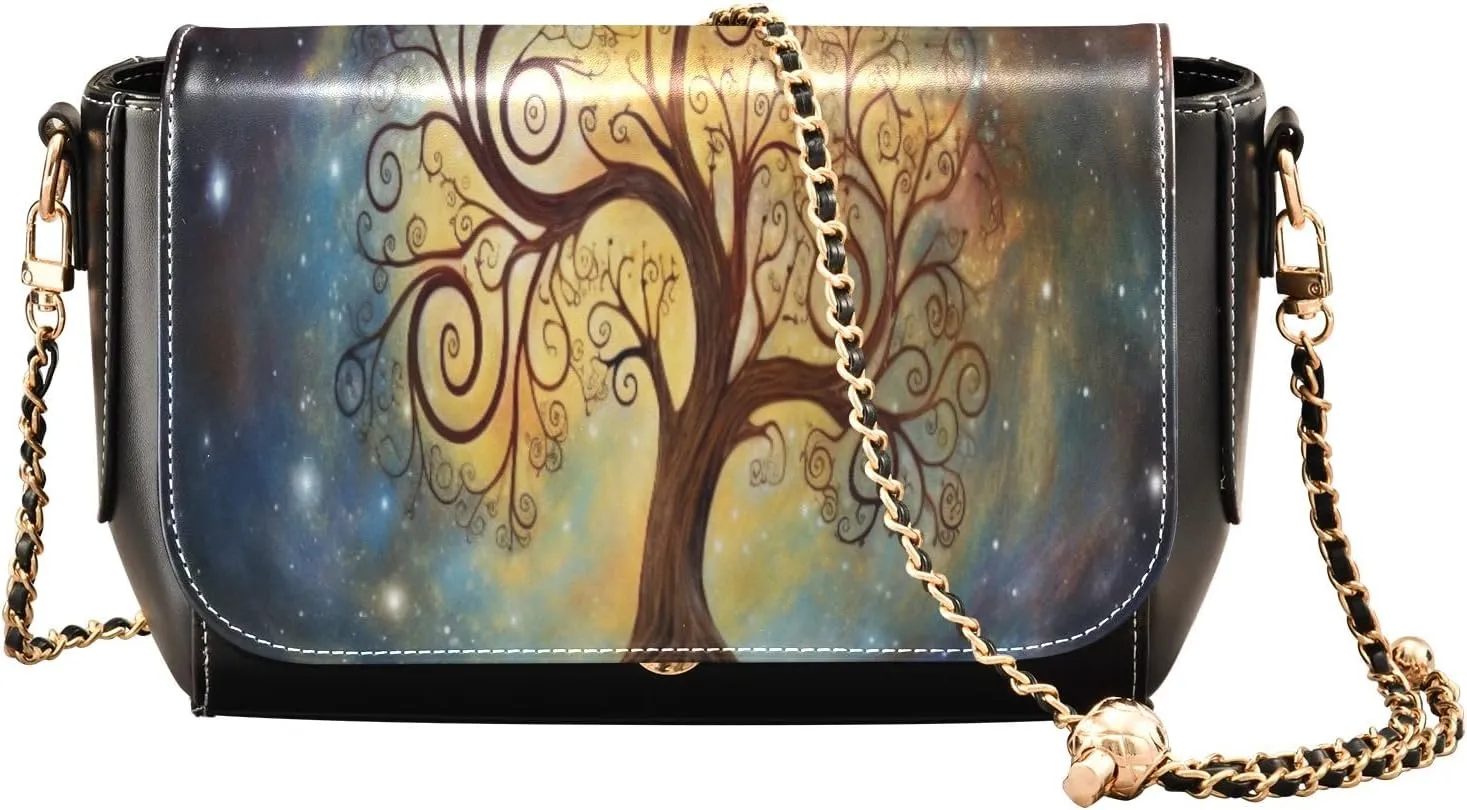 Cosmic Tree on Starry Night Sky Leather Zipper Crossbody Purse, Ladies Leather Crossbody Bags, Crossbody Bags for Women