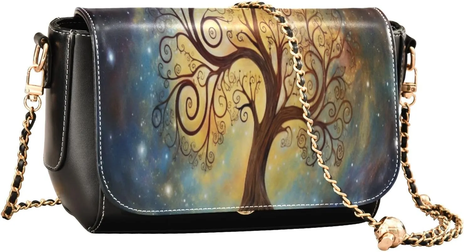 Cosmic Tree on Starry Night Sky Leather Zipper Crossbody Purse, Ladies Leather Crossbody Bags, Crossbody Bags for Women