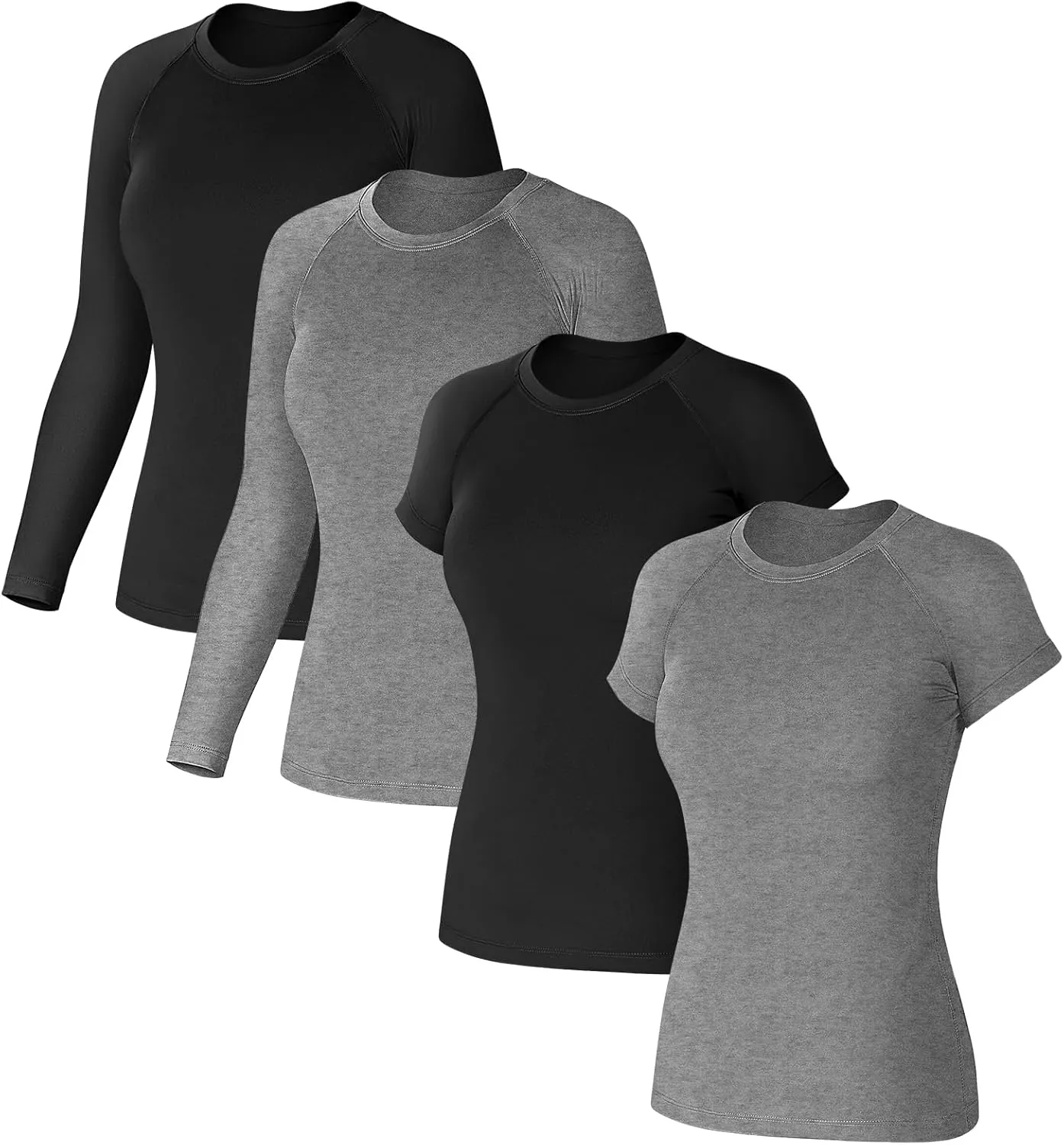 Coume 4 Pack Women's Compression Shirts Dry Fit Long/Short Sleeve Workout T-Shirt Athletic Top Baselayer Sport Yoga Gym Gear