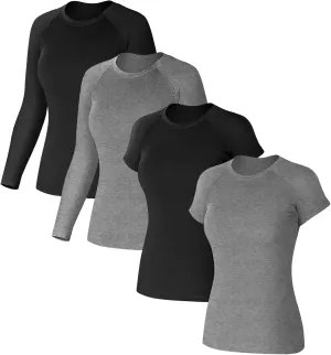 Coume 4 Pack Women's Compression Shirts Dry Fit Long/Short Sleeve Workout T-Shirt Athletic Top Baselayer Sport Yoga Gym Gear