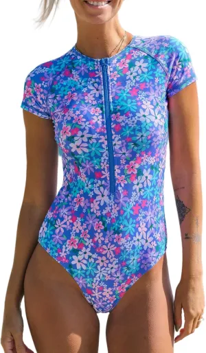 CUPSHE One Piece Swimsuit for Women Mock Neck Zipper Short Sleeve Bathing Suit