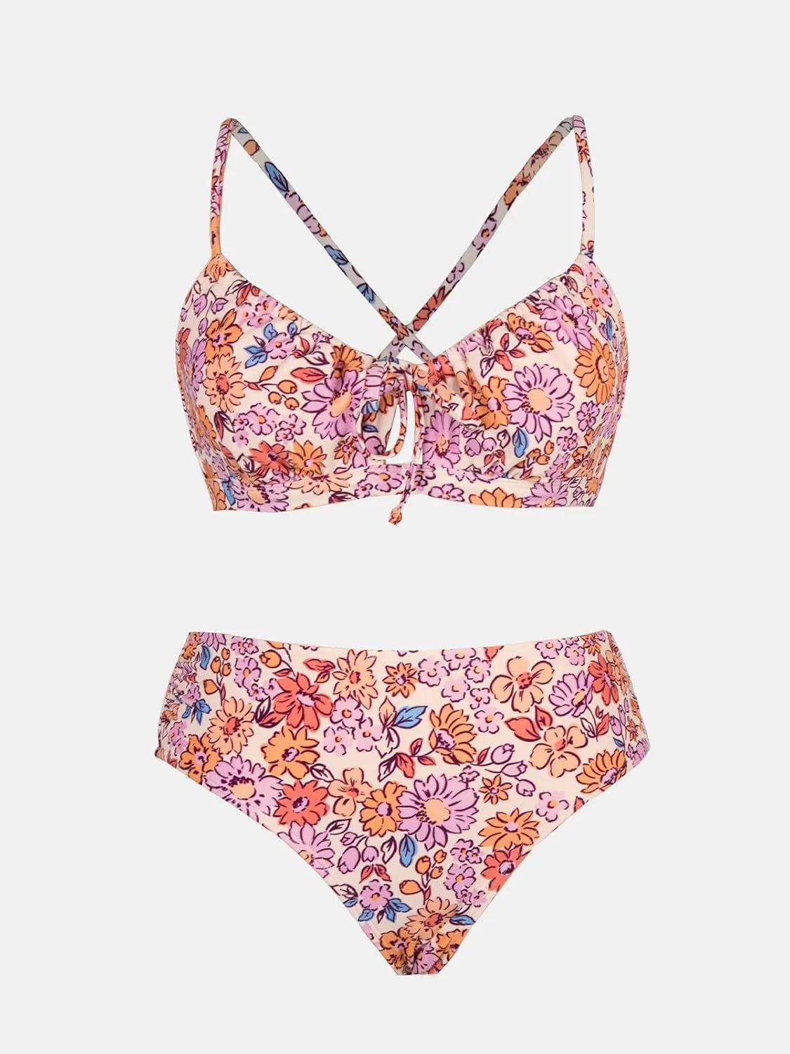 CUPSHE Women's Bikini Set Two Piece Bathing Suits Scoop Neck Crisscross Back Self Tie Mid Waisted Bottom Floral Cut Out