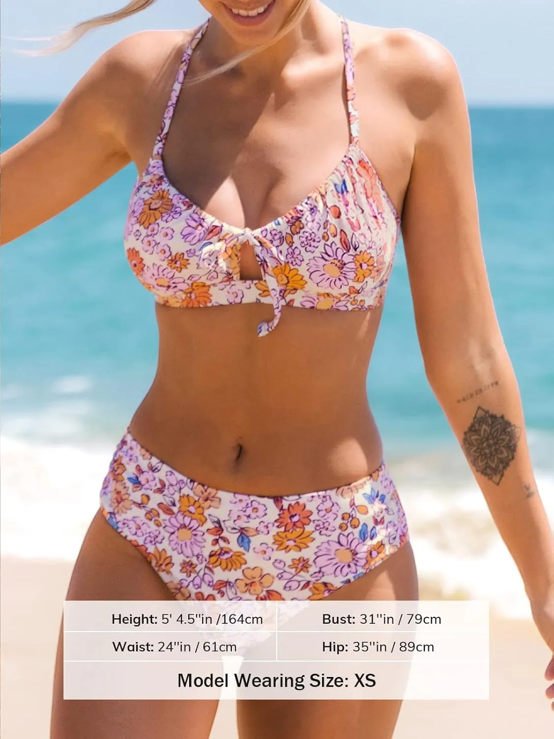 CUPSHE Women's Bikini Set Two Piece Bathing Suits Scoop Neck Crisscross Back Self Tie Mid Waisted Bottom Floral Cut Out