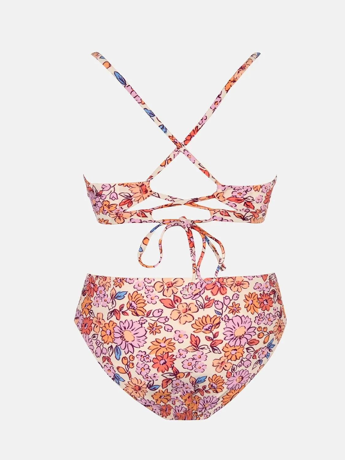 CUPSHE Women's Bikini Set Two Piece Bathing Suits Scoop Neck Crisscross Back Self Tie Mid Waisted Bottom Floral Cut Out