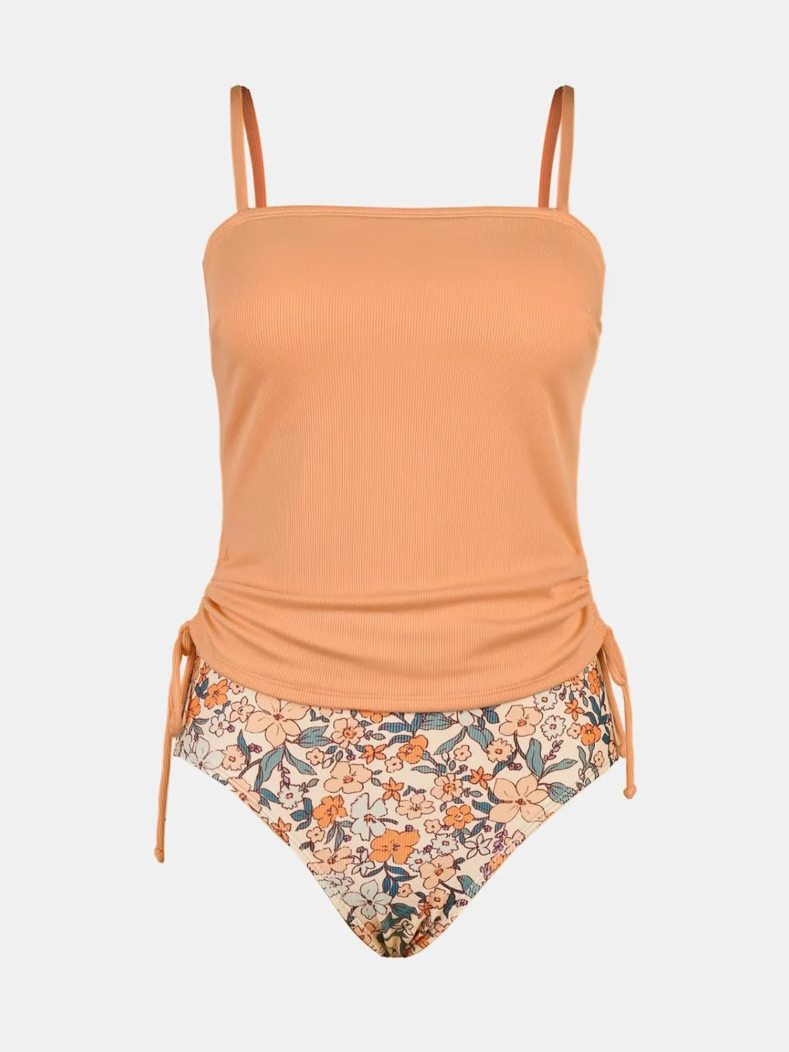 CUPSHE Women's Tankini Set Two Piece Swimsuit Ruched Drawstring Bathing Suits with High Waisted Bottom Rib