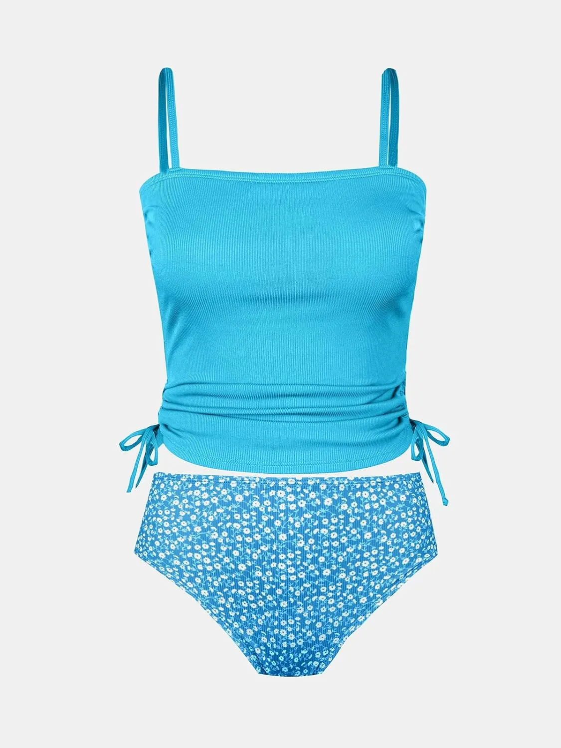 CUPSHE Women's Tankini Set Two Piece Swimsuit Ruched Drawstring Bathing Suits with High Waisted Bottom Rib