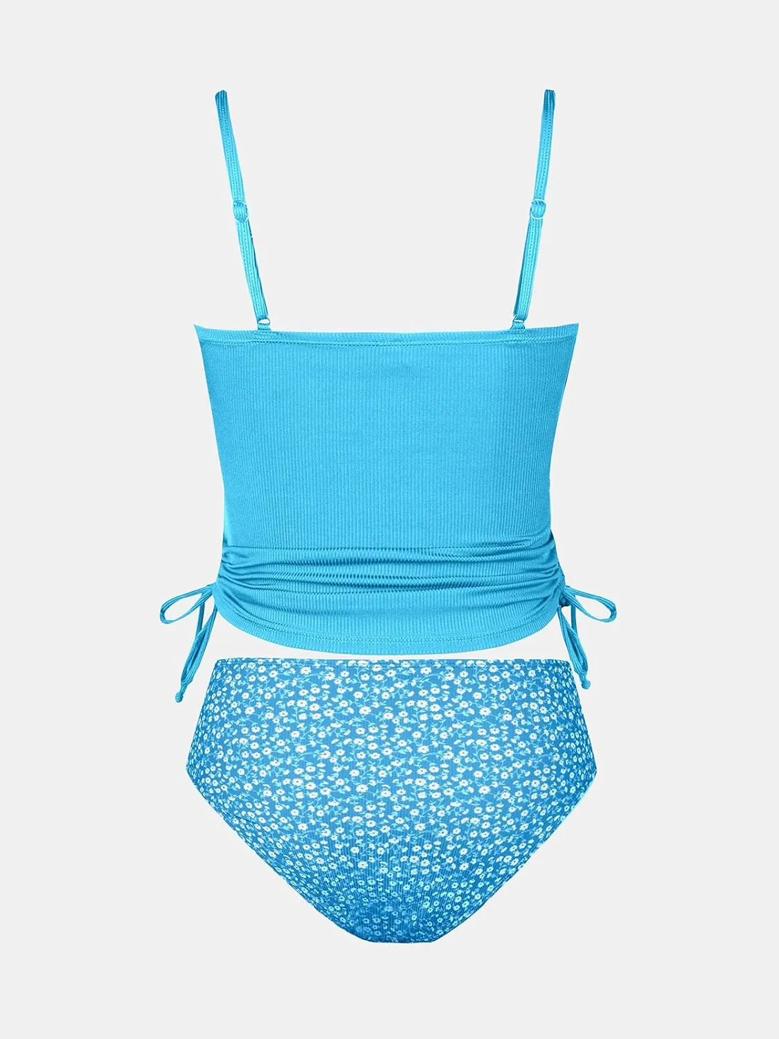 CUPSHE Women's Tankini Set Two Piece Swimsuit Ruched Drawstring Bathing Suits with High Waisted Bottom Rib